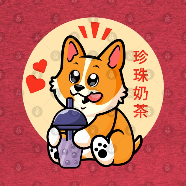 Corgi and boba (bubble) tea by Messy Nessie